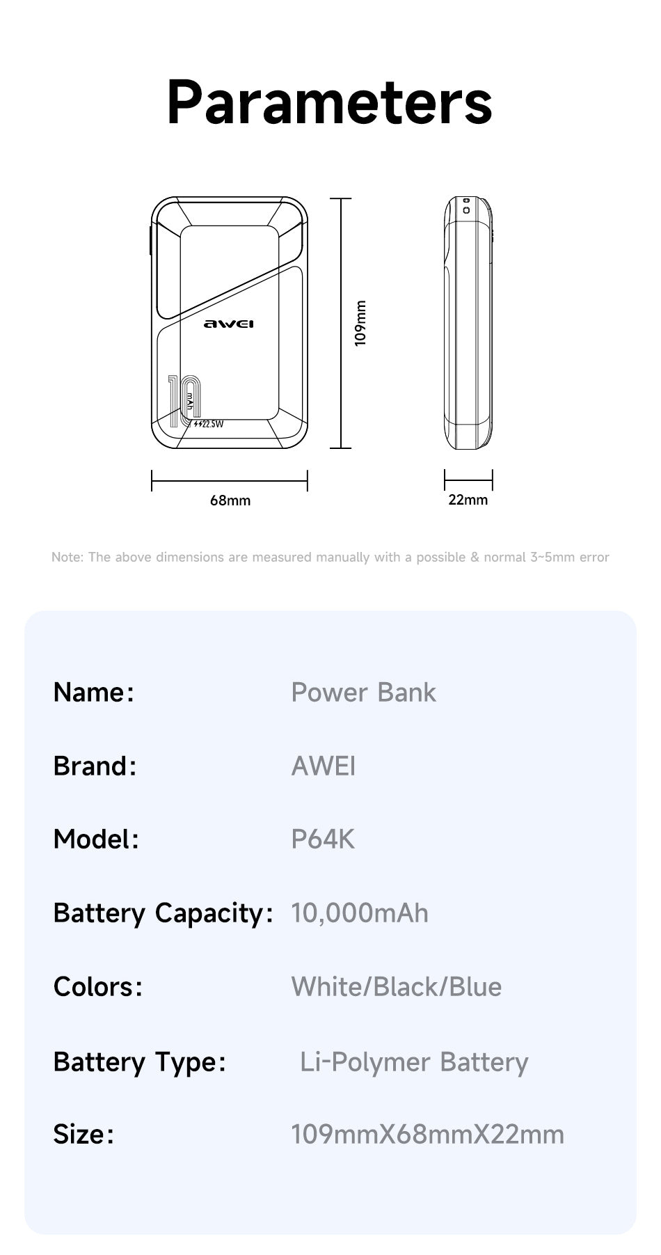 AWEI 22.5W Power Bank P64K - ManunedStore