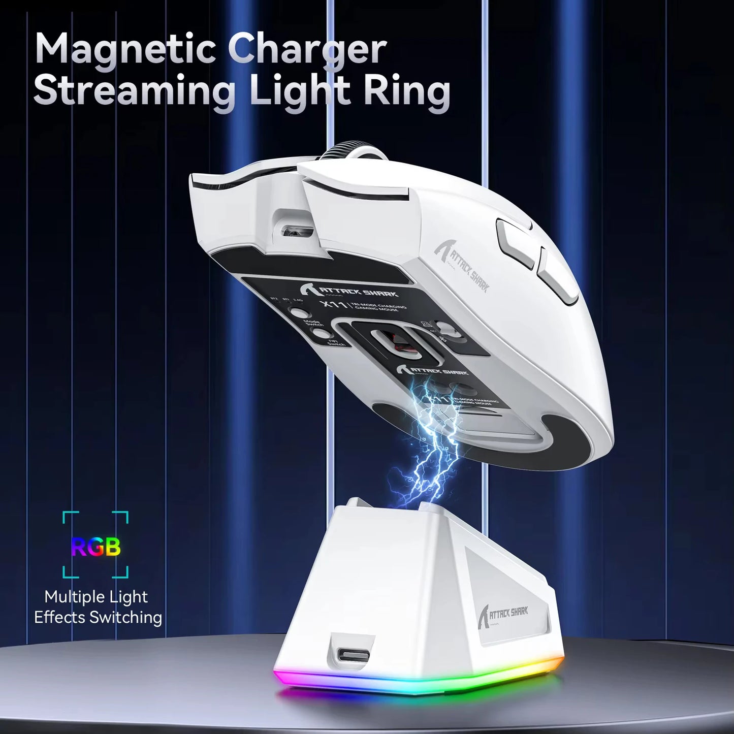 ATTACK SHARK X11 Mouse da Gioco Wireless con Dock di Ricarica Magnetico RGB, Sensore PixArt PAW3311, Leggero 59g Mouse da Gioco Tri-Mode, Cablate/2.4G/BT, Fino a 22K DPI per PC/Mac - ManunedStore