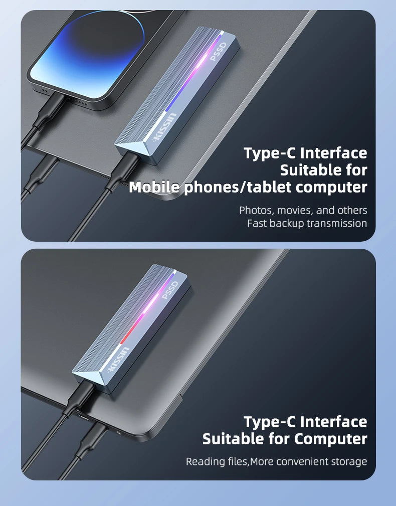 KISSIN Alta qualità 128GB 256GB 512GB 1TB 2TB Portatile M2 NVME SSD esterno con luce RGB - fino a 2100MB/s, alloggiamento in lega di zinco, interfaccia USB 3.2 Gen2x2, hard disk a stato solido estremo - ManunedStore