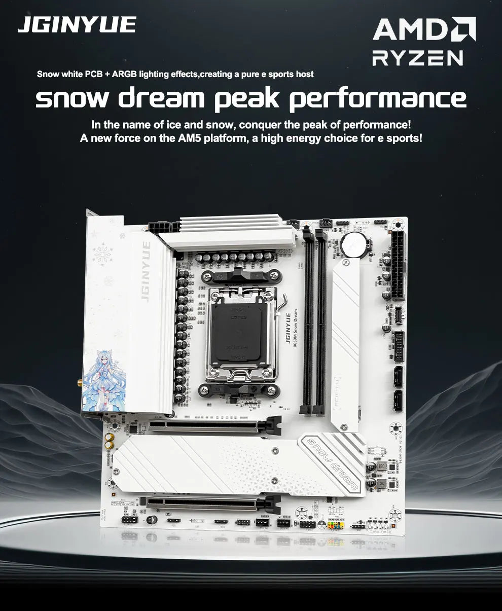 Scheda Madre Gaming JGINYUE B650M Snow Dream AM5 - Supporto CPU Ryzen 7000/8000/9000, DDR5, PCIe 4.0, M.2 NVMe