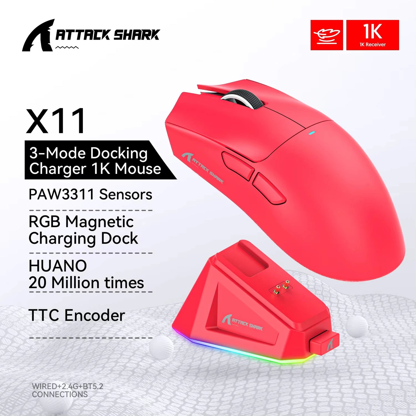 ATTACK SHARK X11 Mouse da Gioco Wireless con Dock di Ricarica Magnetico RGB, Sensore PixArt PAW3311, Leggero 59g Mouse da Gioco Tri-Mode, Cablate/2.4G/BT, Fino a 22K DPI per PC/Mac - ManunedStore