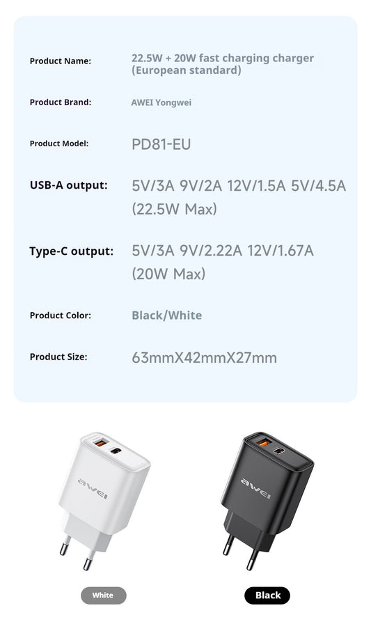 AWEI 22.5W 20W Fast Charger EU - ManunedStore