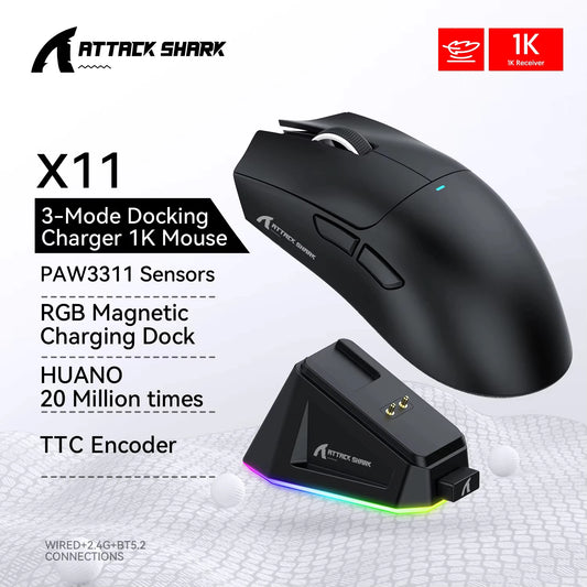 ATTACK SHARK X11 Mouse da Gioco Wireless con Dock di Ricarica Magnetico RGB, Sensore PixArt PAW3311, Leggero 59g Mouse da Gioco Tri-Mode, Cablate/2.4G/BT, Fino a 22K DPI per PC/Mac - ManunedStore