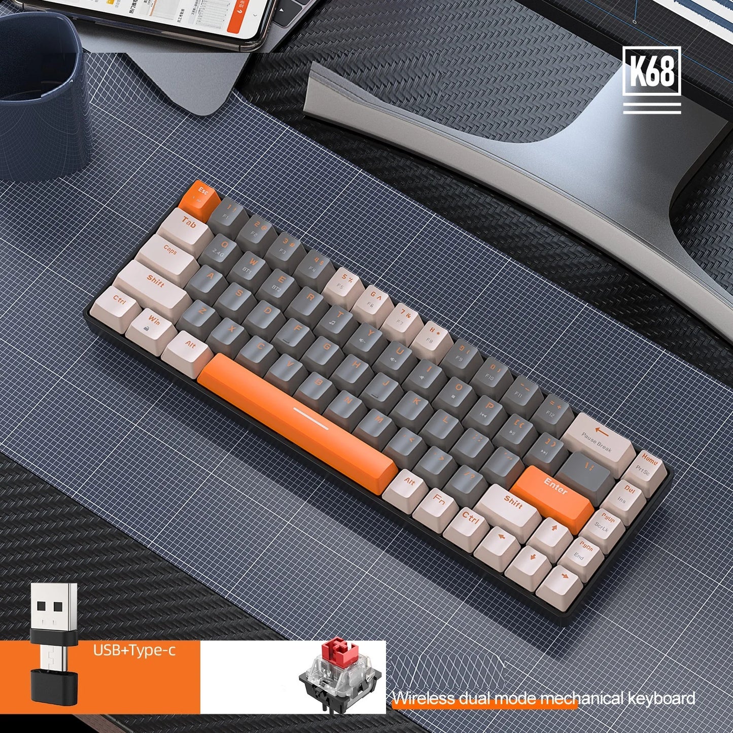 2.4G/BT5.0 Wireless Gaming Tastiera meccanica da gioco al 60% con layout UK, interruttori ultracompatti a 62 tasti, tastiera cablata in colori misti per ufficio, 19 modalità di retroilluminazione RGB per PC - ManunedStore