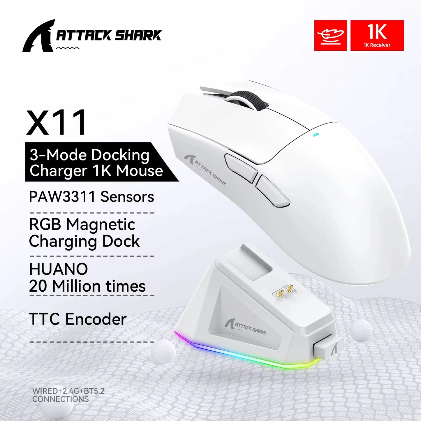 ATTACK SHARK X11 Mouse da Gioco Wireless con Dock di Ricarica Magnetico RGB, Sensore PixArt PAW3311, Leggero 59g Mouse da Gioco Tri-Mode, Cablate/2.4G/BT, Fino a 22K DPI per PC/Mac - ManunedStore