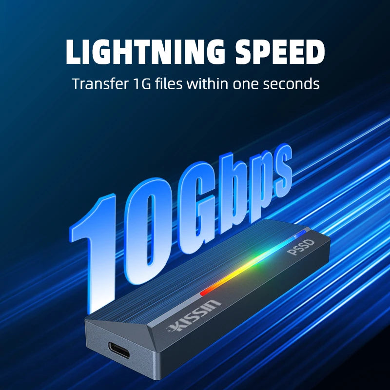 KISSIN Alta qualità 128GB 256GB 512GB 1TB 2TB Portatile M2 NVME SSD esterno con luce RGB - fino a 2100MB/s, alloggiamento in lega di zinco, interfaccia USB 3.2 Gen2x2, hard disk a stato solido estremo - ManunedStore