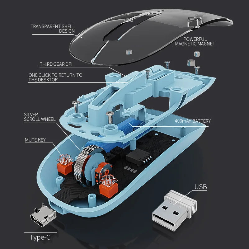 Stock Transparent 2.4GHz Bluetooth Wireless Dual Mode Mouse Magnetic Top Cover High DPI 1600 Type-c Rechargeable Optical Mouse - ManunedStore