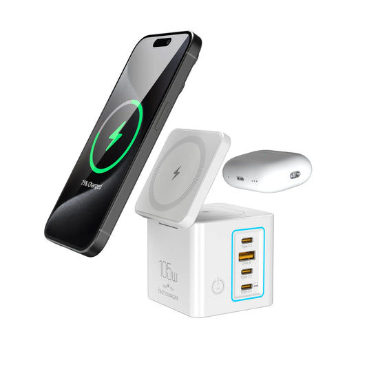 [GaN Tech] Blitzwolf BW-i113 Stazione di ricarica desktop 105W 6-in-1 con caricatore wireless PD QC ricarica rapida con luce LED spina EU per iPhone 16 16 Pro 15 14 13 Pro Max per iPad Pro per Macbook Pro per Airpods per Apple Watch Spina EU - ManunedStore
