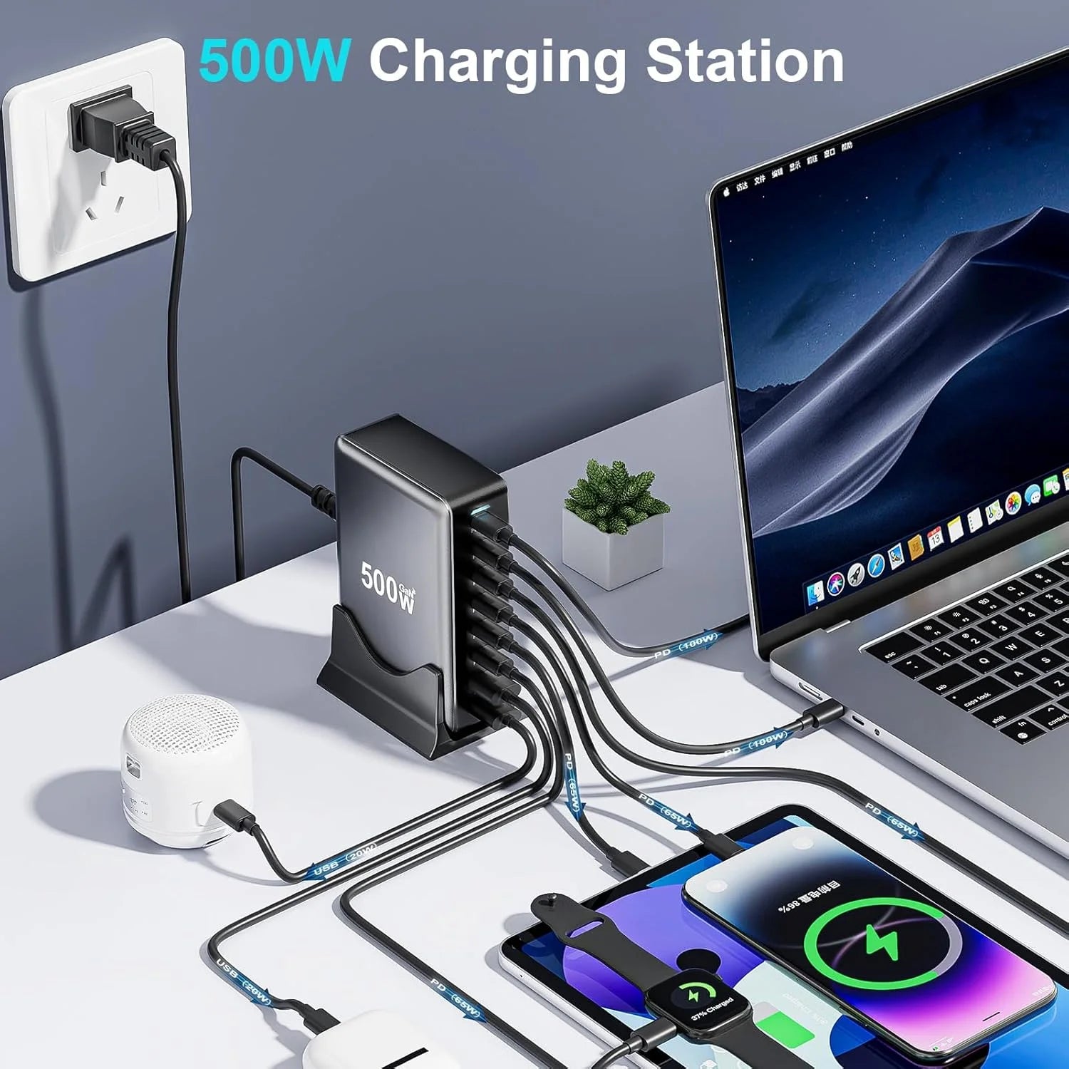Caricabatterie USB C  320W/440W/500W/600W, Caricatore Rapido 8 in 1 a Spine. Stazione di Ricarica Alimentatore GaN III PPS, Compatibile con MacBook Pro/Air/iPad/iPhone/Samsung - ManunedStore