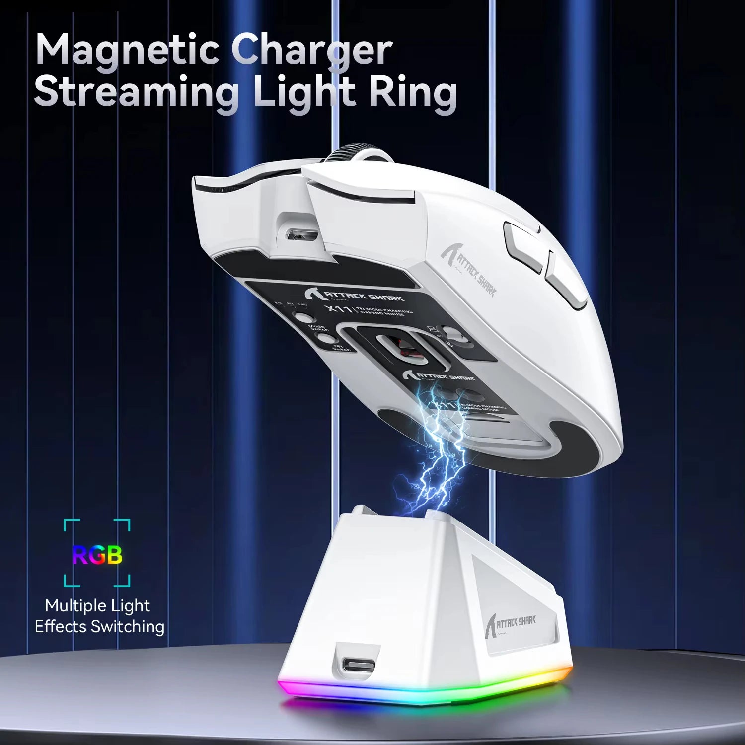 ATTACK SHARK X11 Mouse da Gioco Wireless con Dock di Ricarica Magnetico RGB, Sensore PixArt PAW3311, Leggero 59g Mouse da Gioco Tri-Mode, Cablate/2.4G/BT, Fino a 22K DPI per PC/Mac - ManunedStore