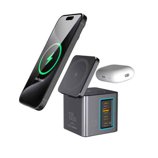 [GaN Tech] Blitzwolf BW-i113 Stazione di ricarica desktop 105W 6-in-1 con caricatore wireless PD QC ricarica rapida con luce LED spina EU per iPhone 16 16 Pro 15 14 13 Pro Max per iPad Pro per Macbook Pro per Airpods per Apple Watch Spina EU - ManunedStore